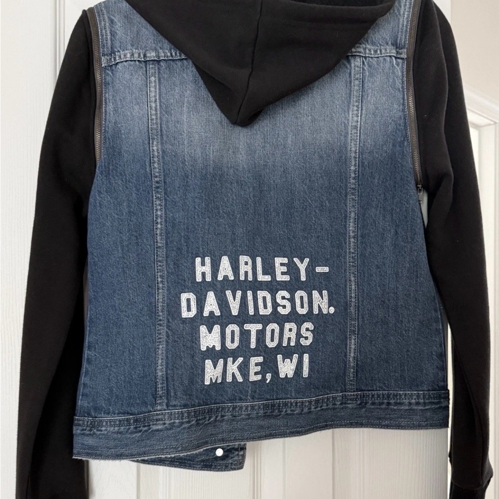 Harley-Davidson Blue Denim & Black Sleeve Hoodie Jacket, Size Small - Picture 4 of 8